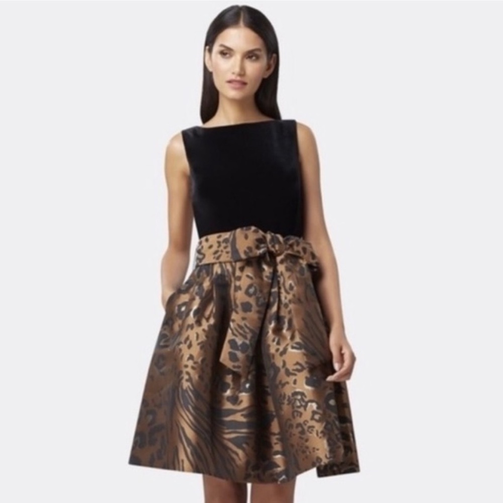 Tahari ASL Black Velvet Brown Leopard Print Jacquard Fit and Flare Dress Sz 8P